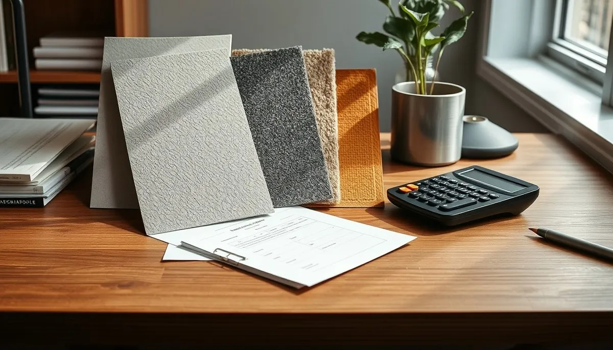 Planificación de presupuesto con muestras de materiales y calculadora