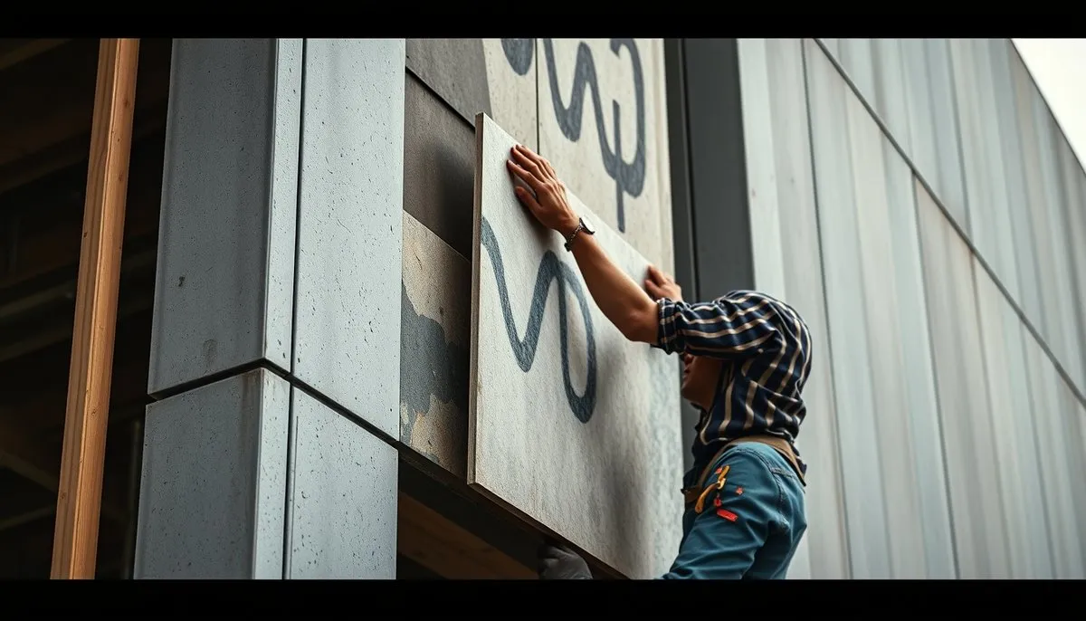 Trabajador instalando paneles sándwich poliuretano fachada edificio construcción