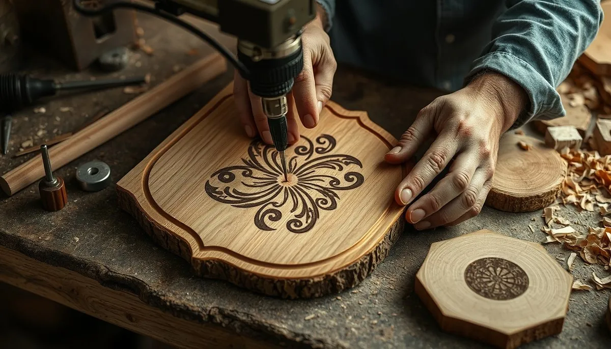 Artesano personalizando placa decorativa de madera con grabado láser en taller