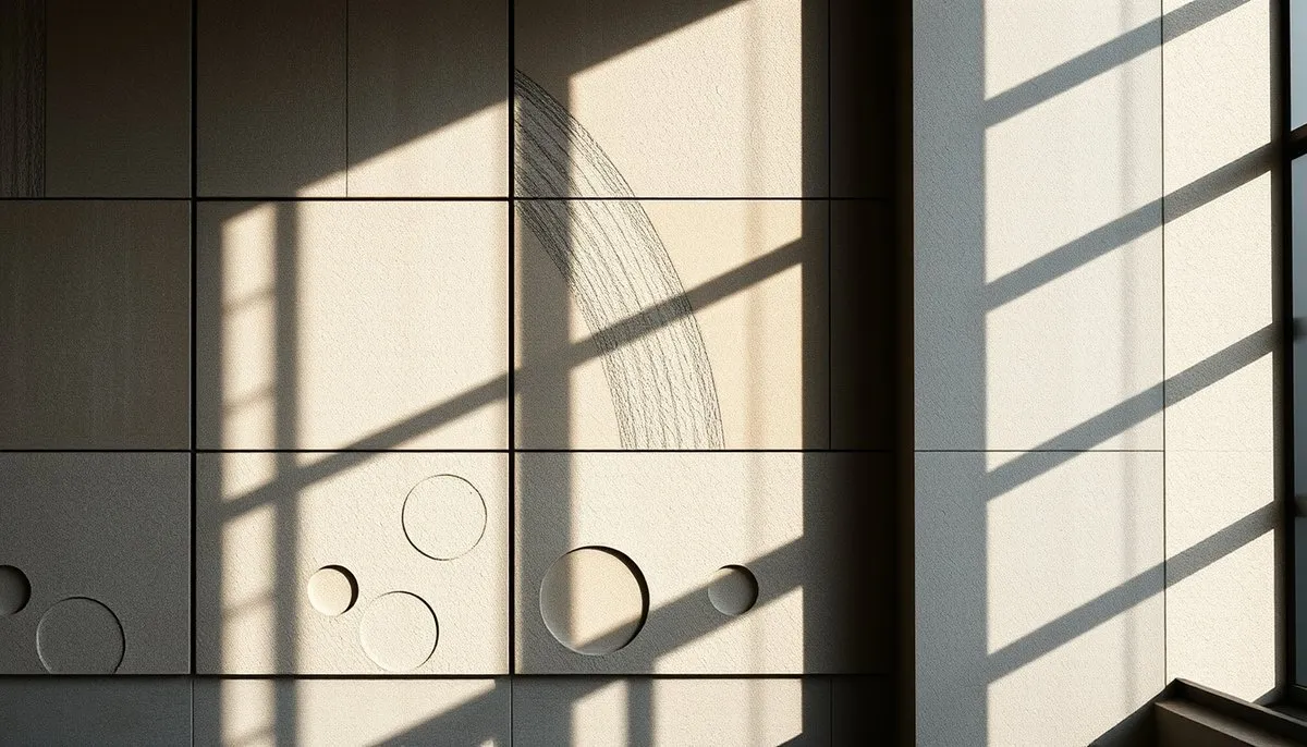 Paneles 3D texturizados creando efectos de luz y sombra en pared