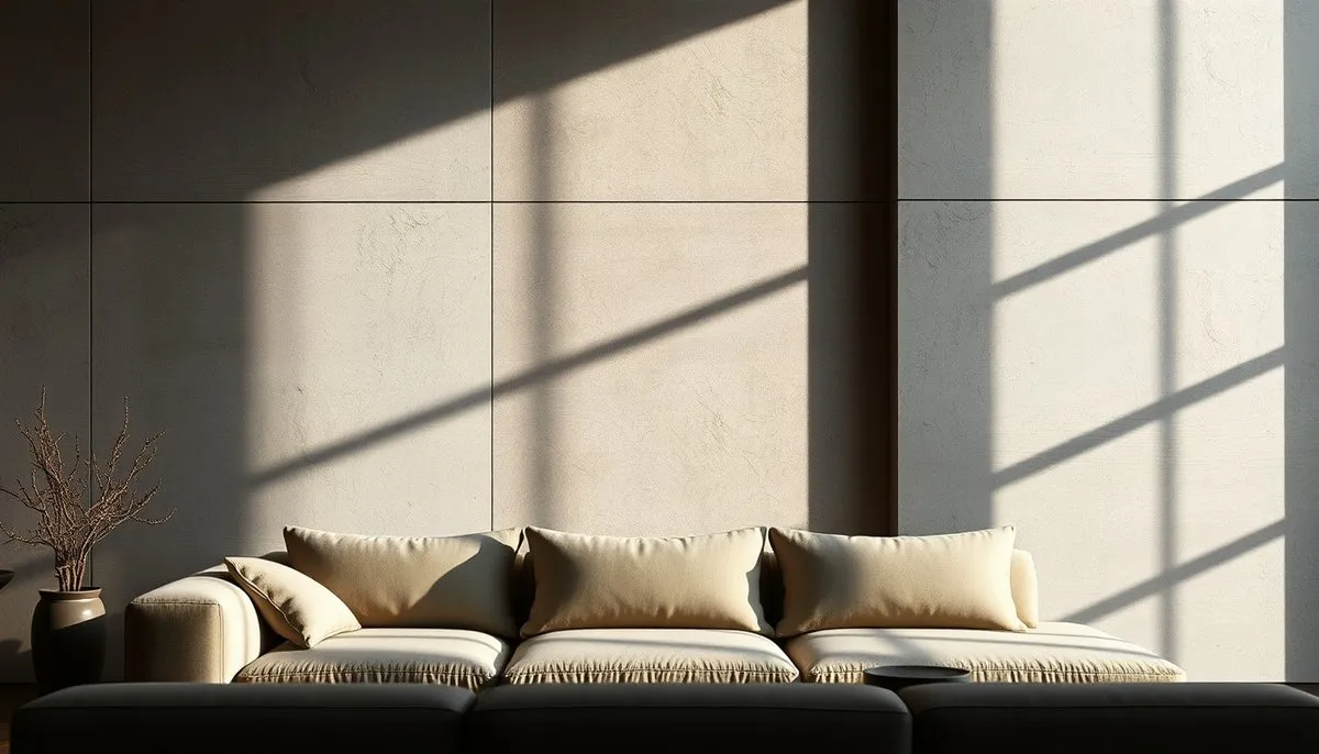 Salón moderno con paneles lisos minimalistas y paneles 3D con relieves