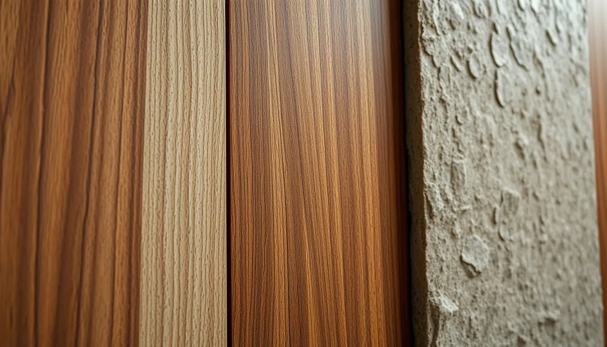 Detalle paneles decorativos con texturas imitación madera y piedra natural