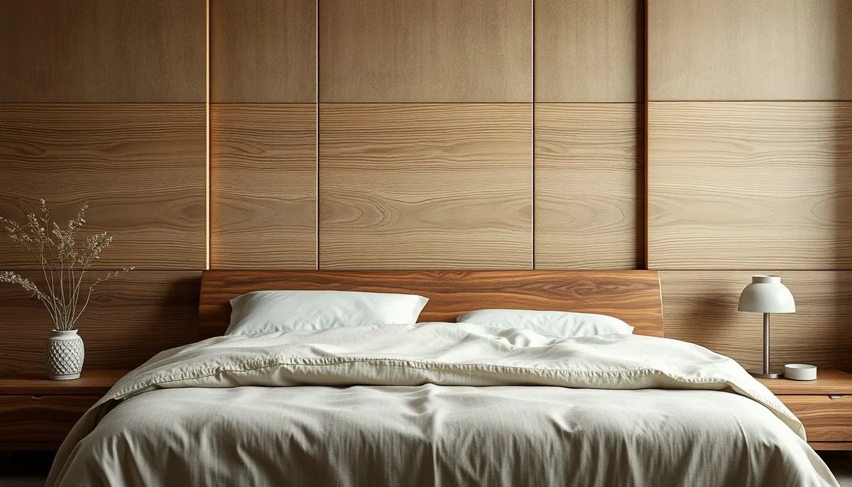 Dormitorio con paneles decorativos MDF en pared, acabado liso con textura madera