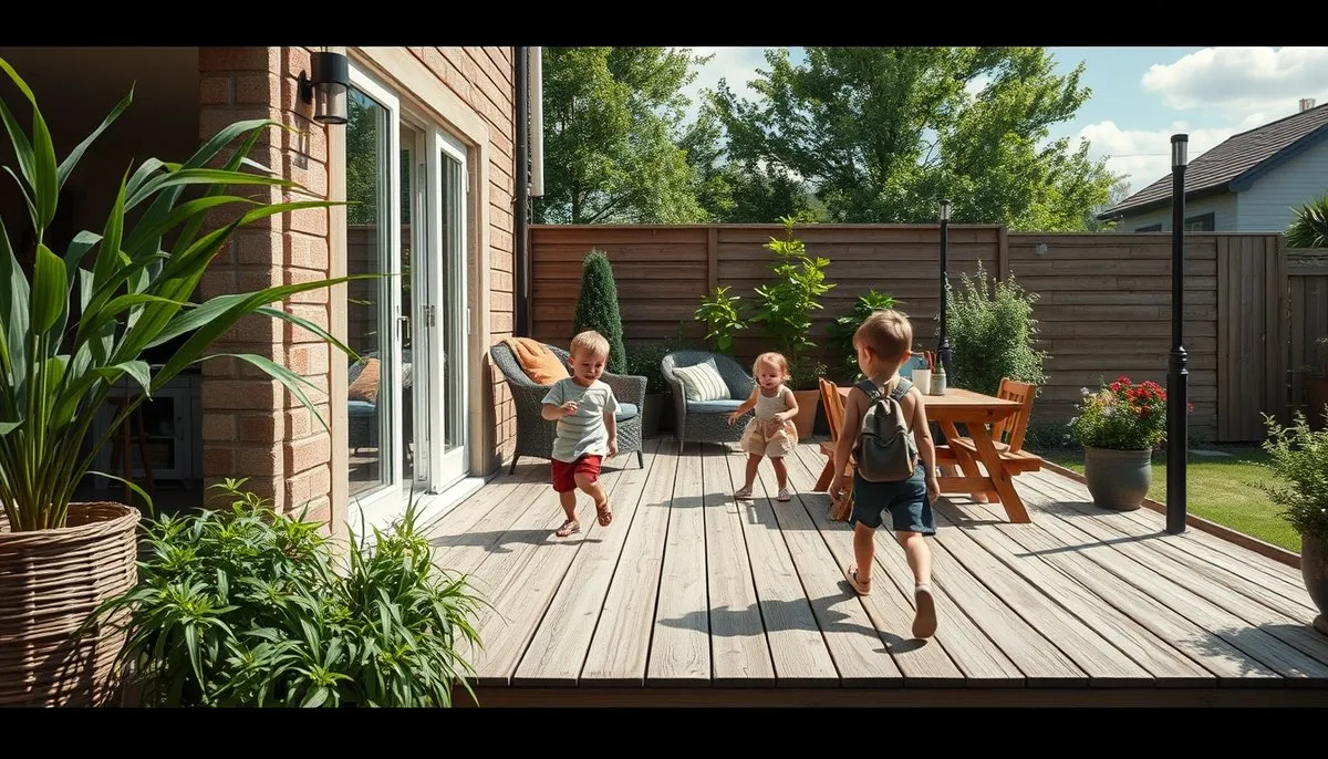 Familia usando tarima WPC en terraza mostrando aplicación práctica y seguridad